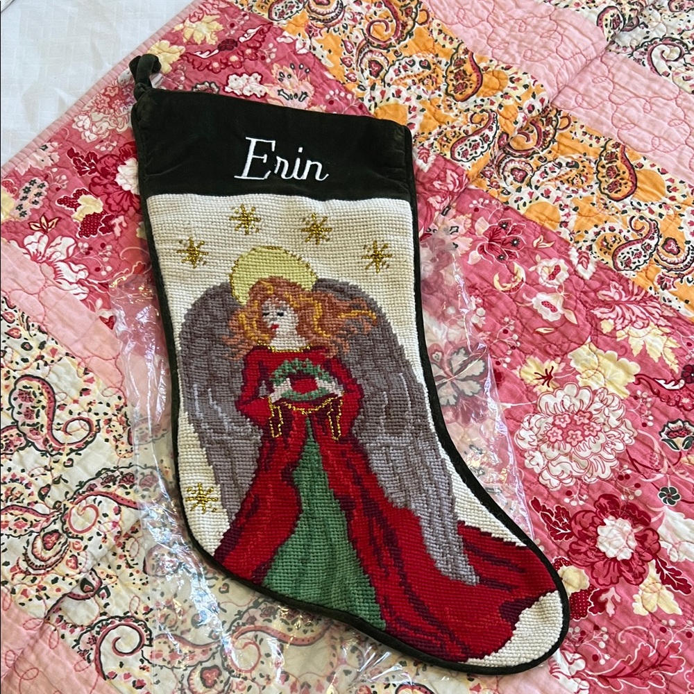 Lands End Embroidered Angel Christmas Stocking name Erin